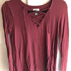 XS Old Navy Long Sleeve. Lace up Top- Burgundy